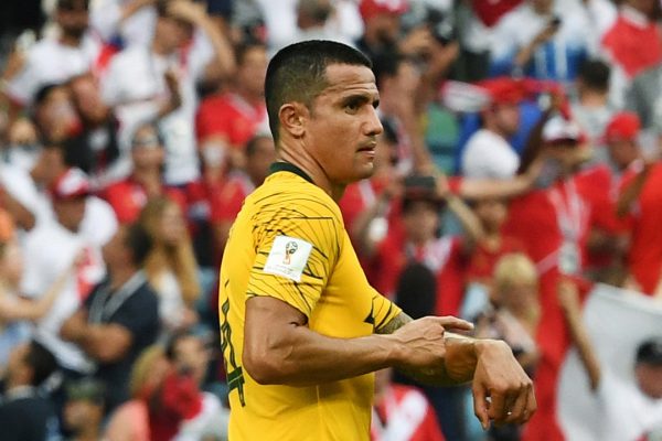 Australia's Tim Cahill looks to his family moments after the full time whistle in the Socceroos’ final group match against Peru at the FIFA 2018 World Cup in Sochi, Russia. After the World Cup Cahill, Australia's leading international goal-scorer confirmed his retirement from international football after scoring 50 goals in 107 caps.