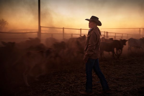 Stephanie Coombes, 29, watches over a mob of cattle moving into a different part of the yard at Bulka Station. Steph says when it comes to working with cattle, “boring is good”. Calm is good.