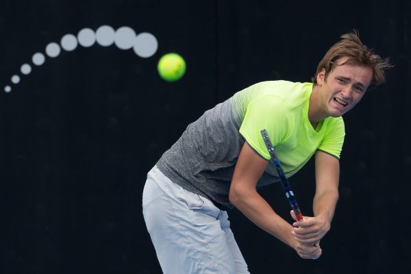 Daniil Medvedev of Russia returns ball to German player Philipp Kohlschreiber during the Sydney International Tennis Tournament.