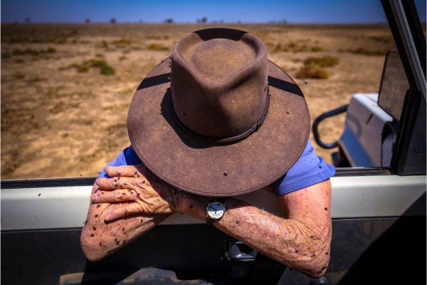 May McKeown is covered in flies as she leans on the door of her truck after feeding her remaining cattle in a paddock on her property, Long View, near the town of Come By Chance, on October 6, 2019.