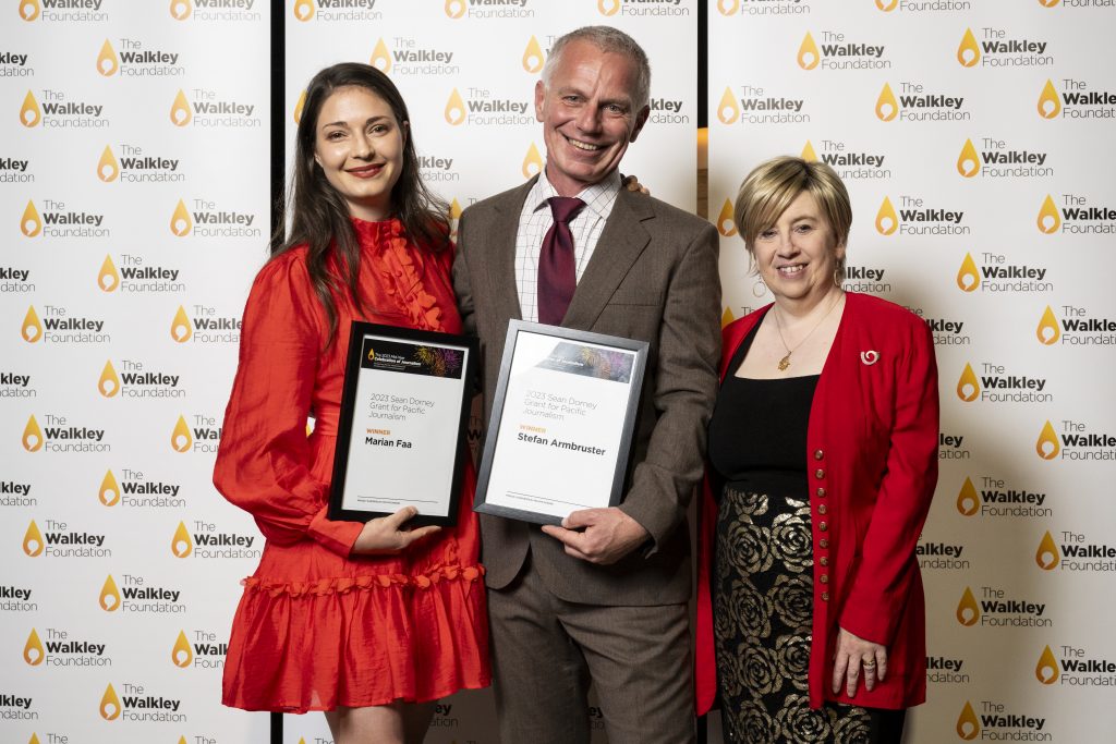 Marian Faa, Stefan Armbruster and Tess Newton Cain at the 2023 Mid-year Celebration of Journalism
